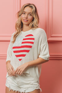 Thumbnail for BiBi Striped Heart Contrast Knit Top - T - 1 COLOR -