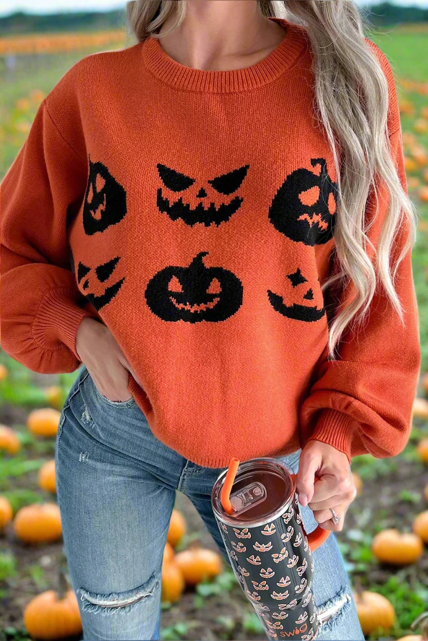 Pumpkin Pattern Round Neck Sweater - T - 1 COLOR -