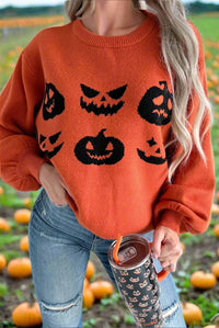 Thumbnail for Pumpkin Pattern Round Neck Sweater - T - 1 COLOR -