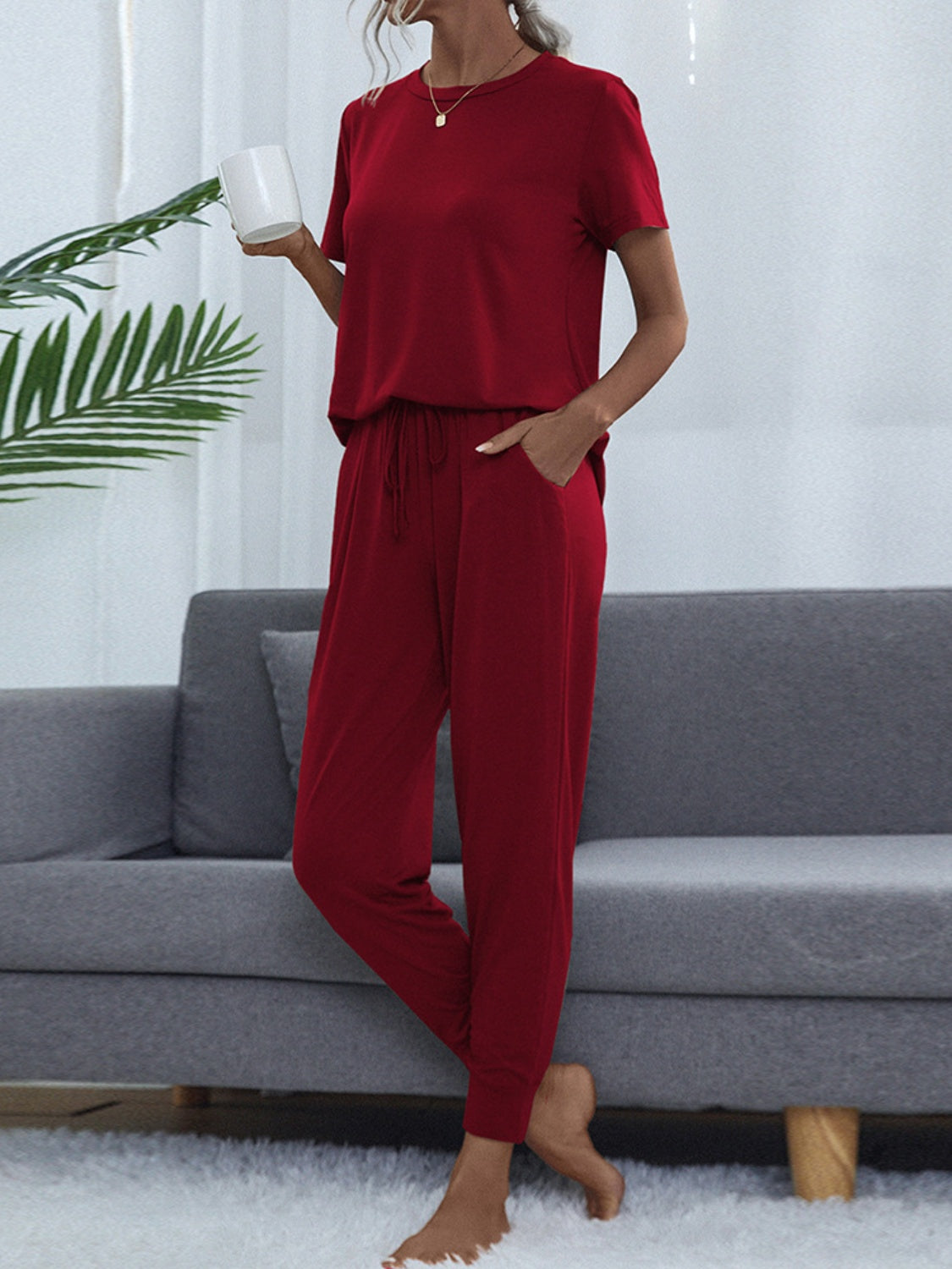 Round Neck Top and Pants Lounge Set - 2 PCS. - T - 2 COLORS -