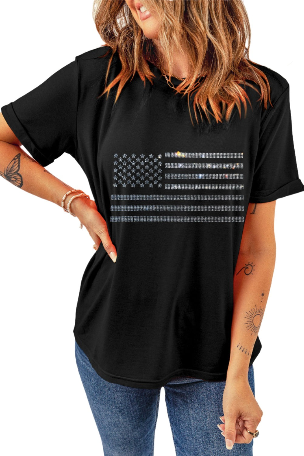 Rhinestone print US Flag Round Neck Short Sleeve T-Shirt - T - 1 COLOR -