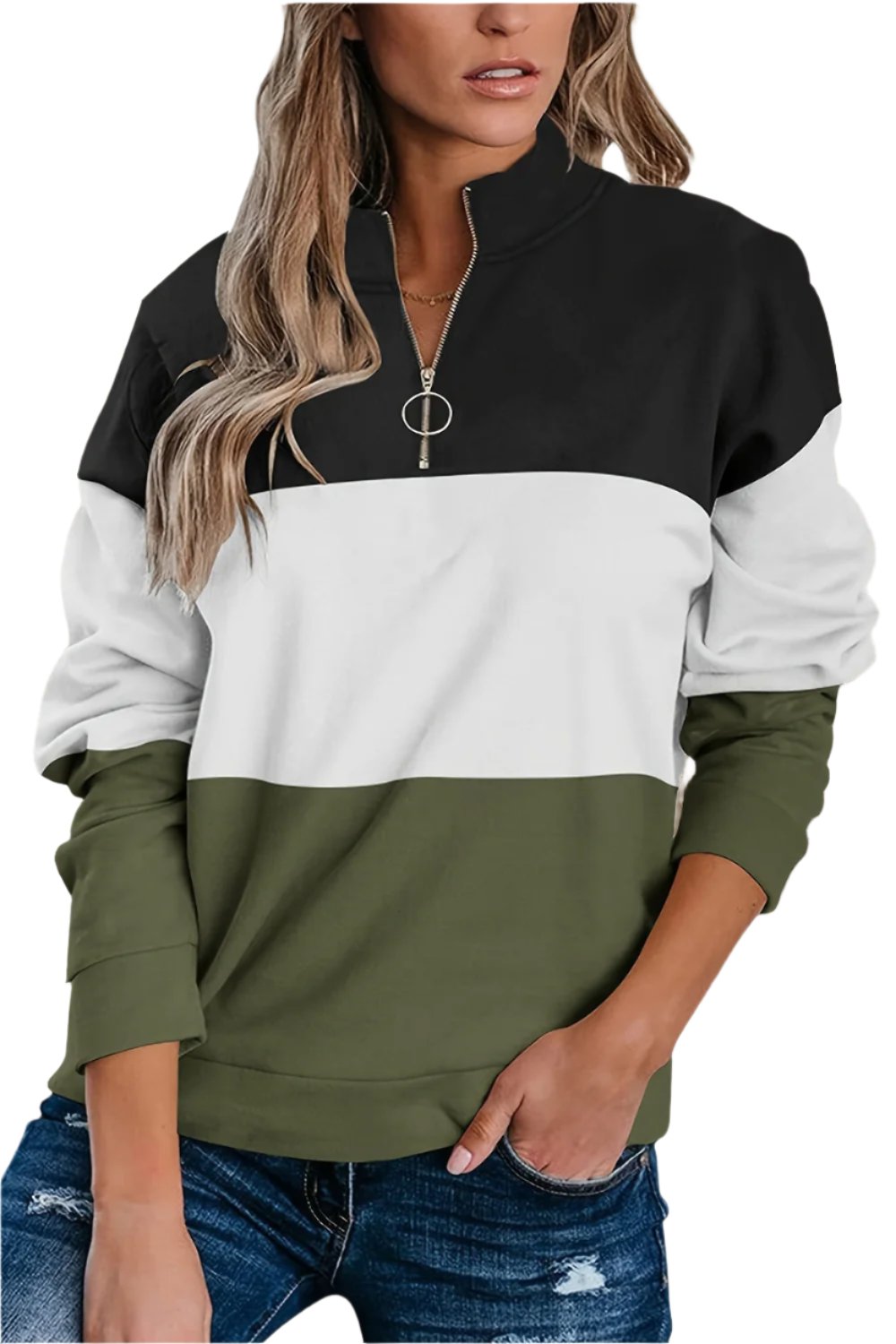 Full Size Color Block Quarter Zip Long Sleeve Sweatshirt - T - 3 COLORS -