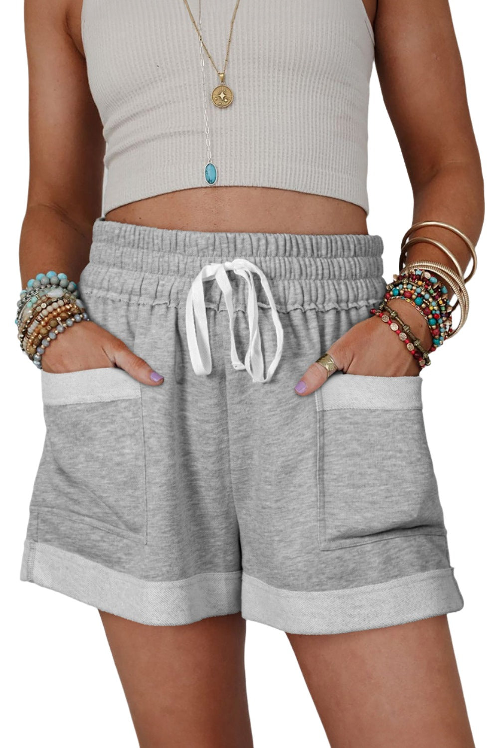 Drawstring High Waist Shorts with Pockets - T - 1 COLOR -