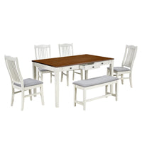 Thumbnail for Mid-Century 6-Piece Wood Dining Table Set, Kitchen Table Set With Drawer, Upholstered Chairs and Bench, Butter Milk