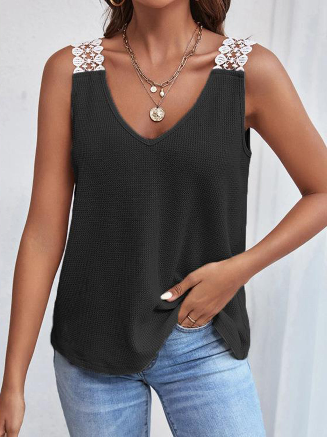 Full Size Lace Detail V-Neck Tank - T - 5 COLORS -