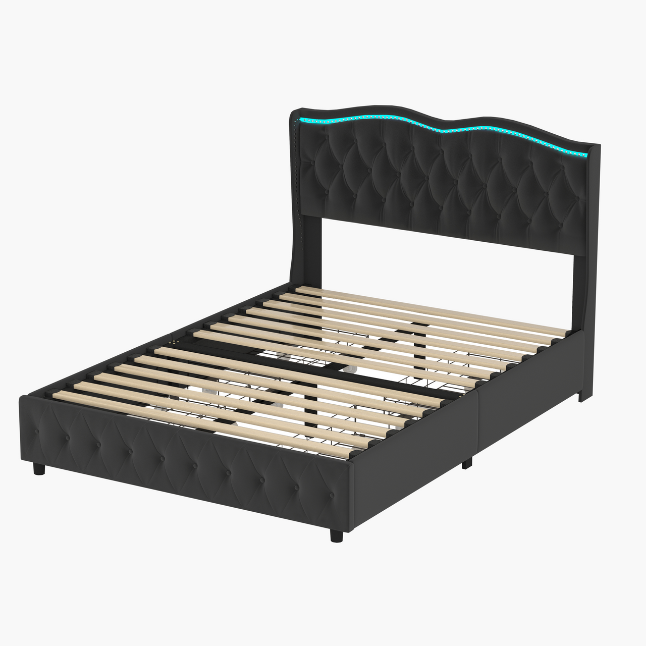 Queen Platform Bed Frame , Velvet Upholstered Bed With Deep Tufted Buttons and Nailhead Trim, Adjustable Colorful LED Li