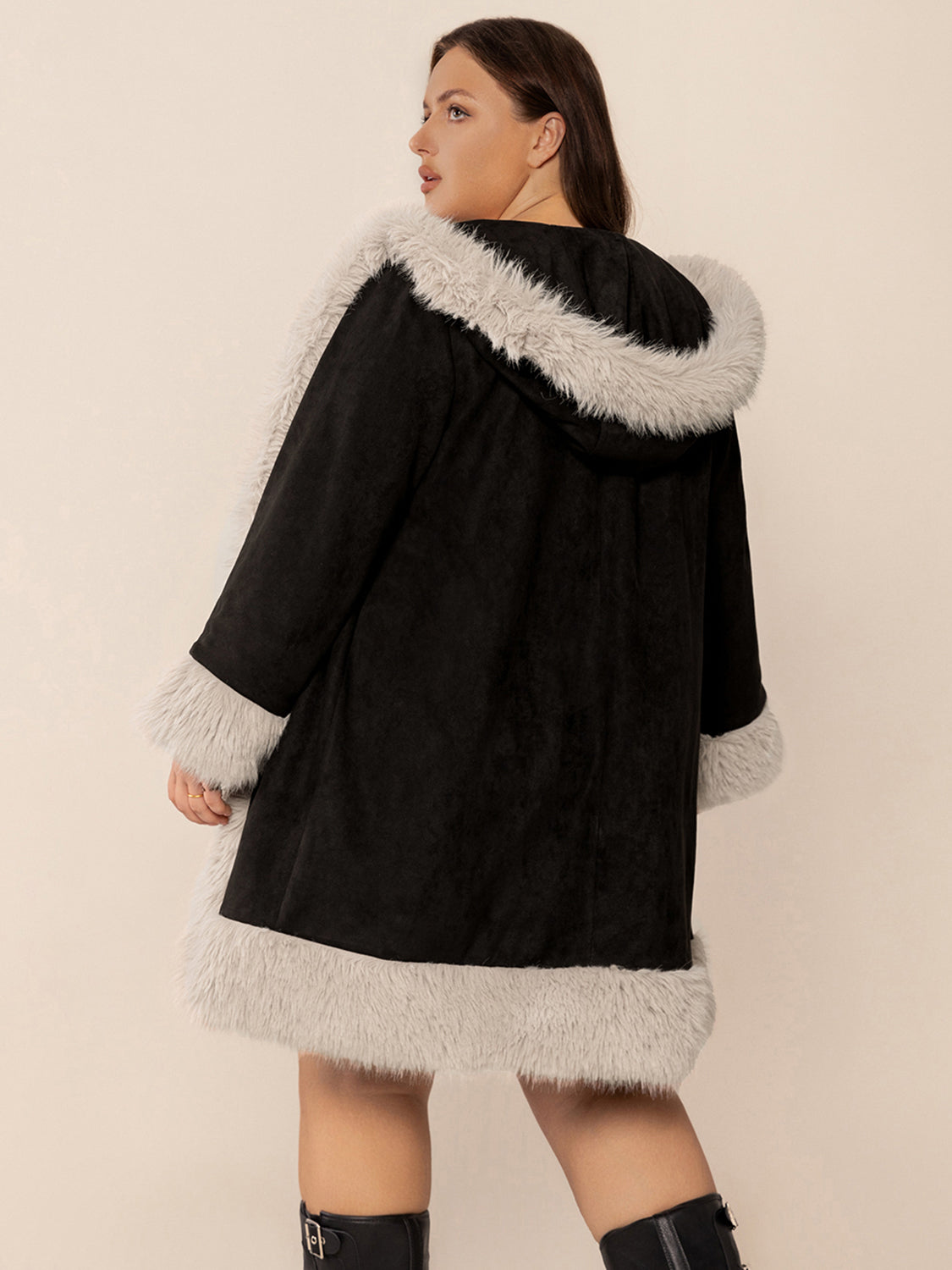 Plus Size Fuzzy Trim Open Front Long Sleeve Hooded Coat - 1XL THRU 4XL ONLY - T - 1 COLOR