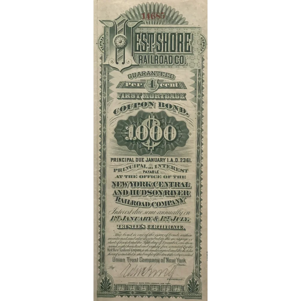 Antique 1885 West Shore Railroad Company Gold Bond Certificate