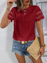 Thumbnail for Full Size Eyelet Round Neck Short Sleeve Top - T - 11 COLORS -