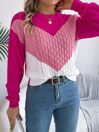 Thumbnail for Contrast Round Neck Long Sleeve Sweater - T - 3 COLORS -