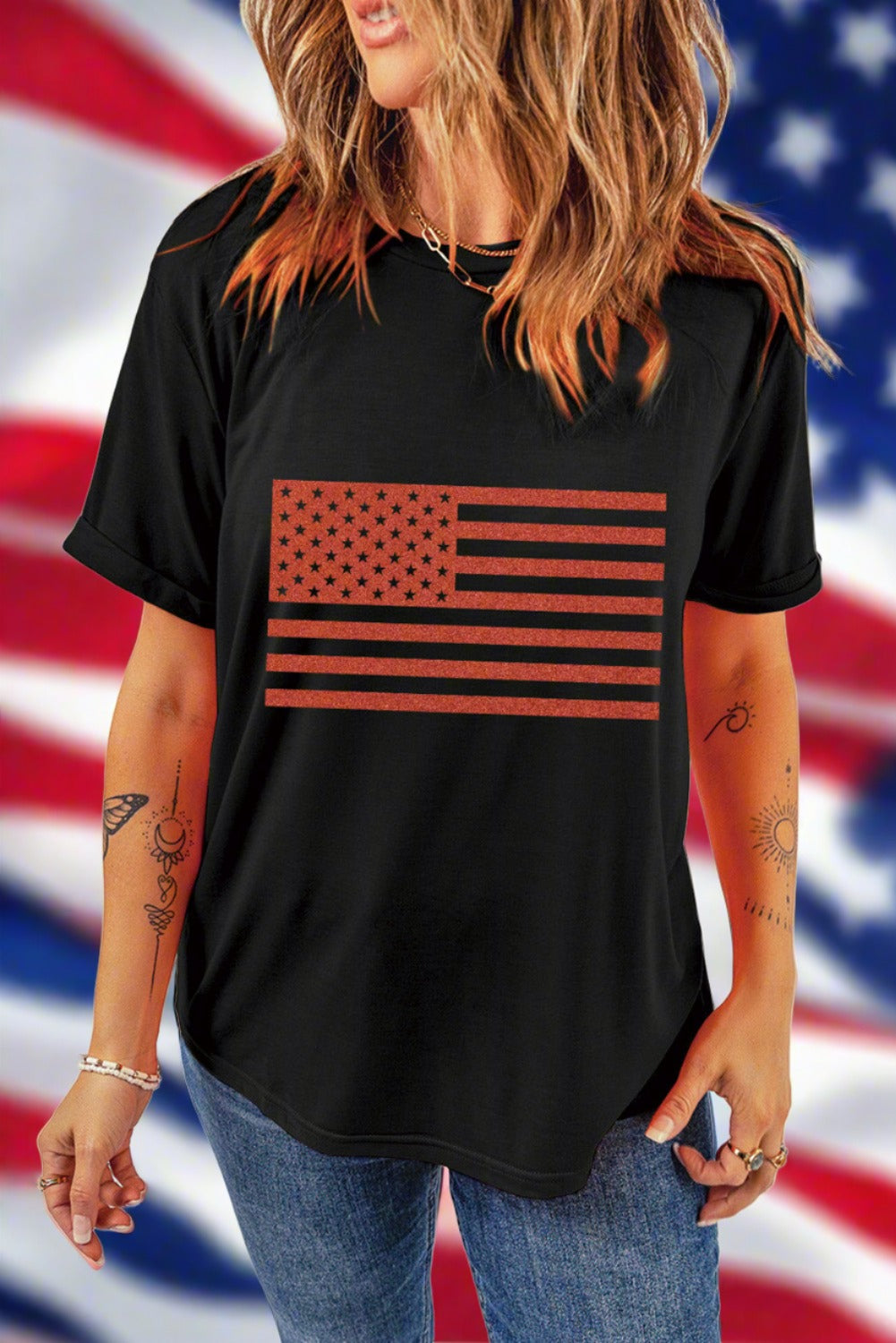 US Flag Round Neck Short Sleeve T-Shirt- T - 1 COLOR -