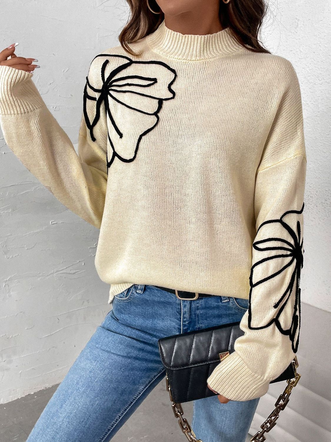 Perfee Mock Neck Dropped Shoulder Long Sleeve Sweater - T - 1 COLOR -