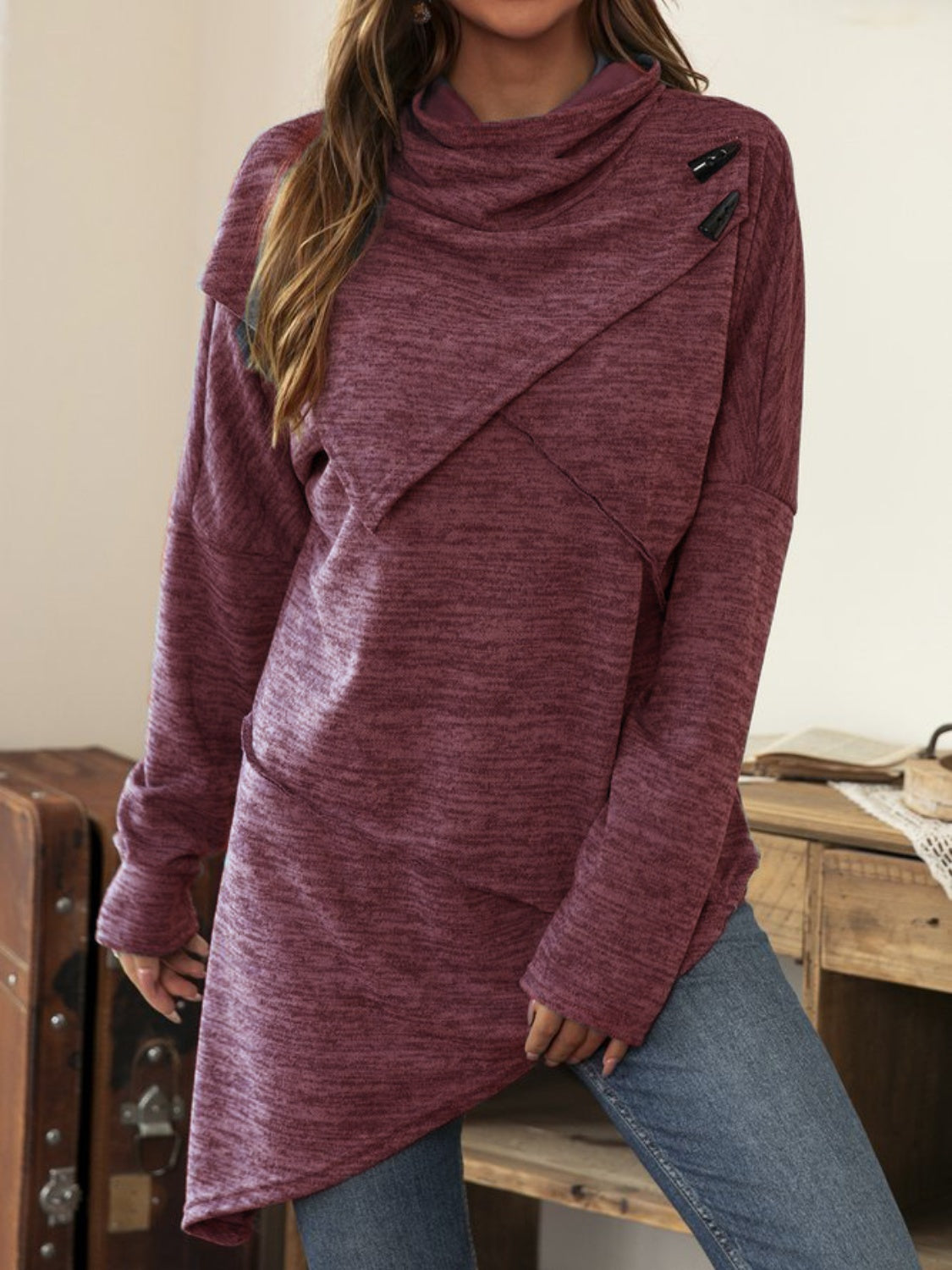 Asymmetrical Hem Cowl Neck Long Sleeve T-Shirt - T - 5 COLORS -