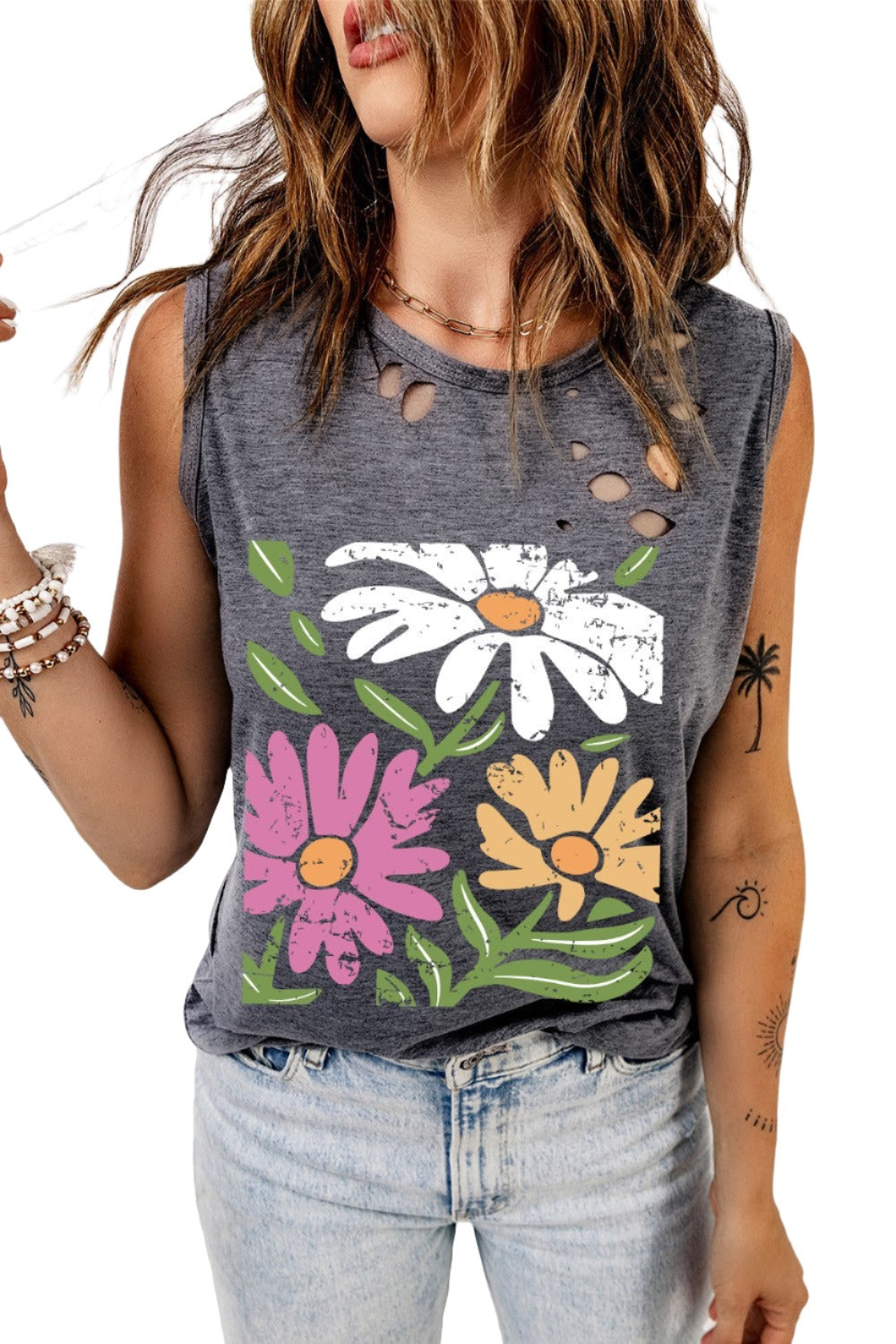 Distressed Graphic Round Neck Tank - T - 1 COLOR -