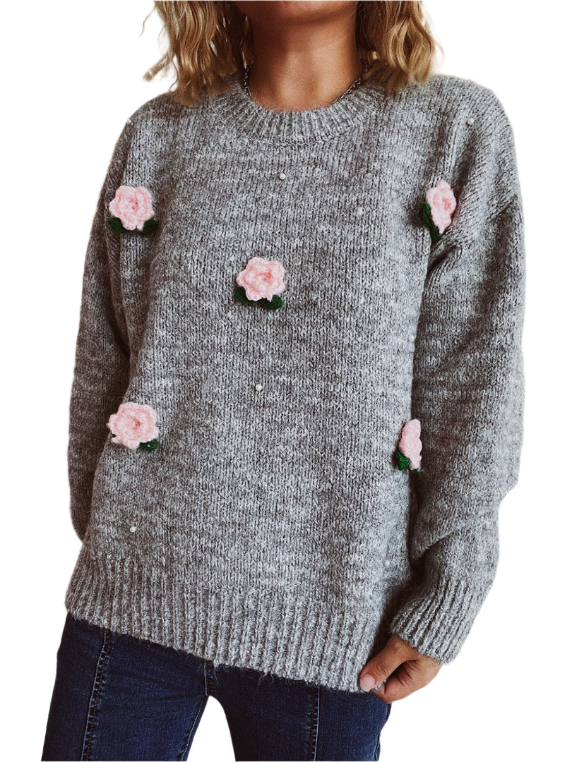 Flower Round Neck Long Sleeve Sweater - 1 OVERSIZE - T - 2 COLORS -