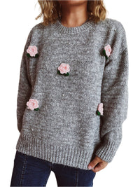 Thumbnail for Flower Round Neck Long Sleeve Sweater - 1 OVERSIZE - T - 2 COLORS -