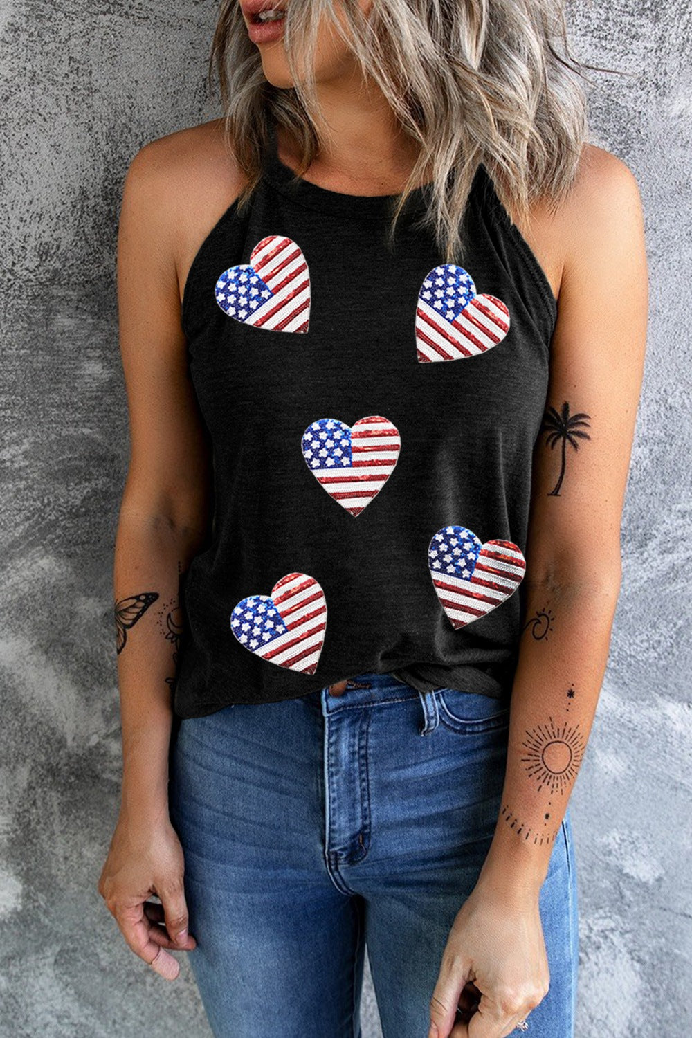 Heart US Flag Round Neck Tank - T - 1 COLOR -