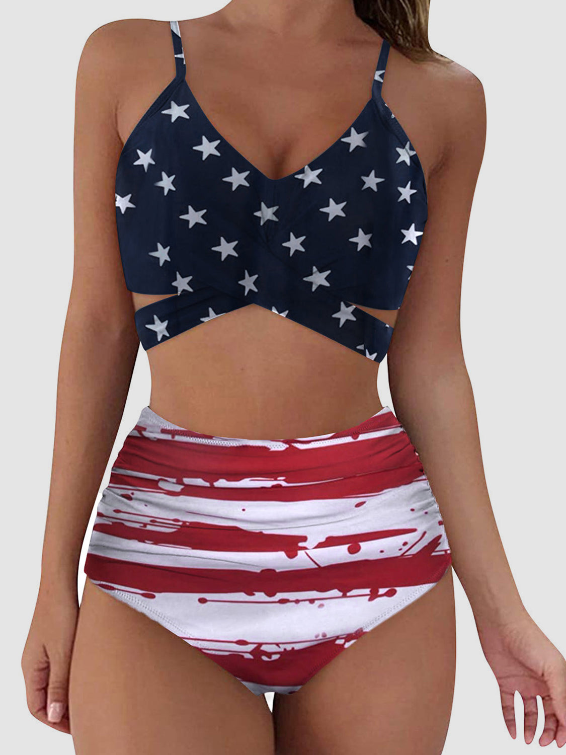 Tied Printed Spaghetti Strap Two-Piece Swim Set - T - BLACK CHECK & US FLAG PATTERN -