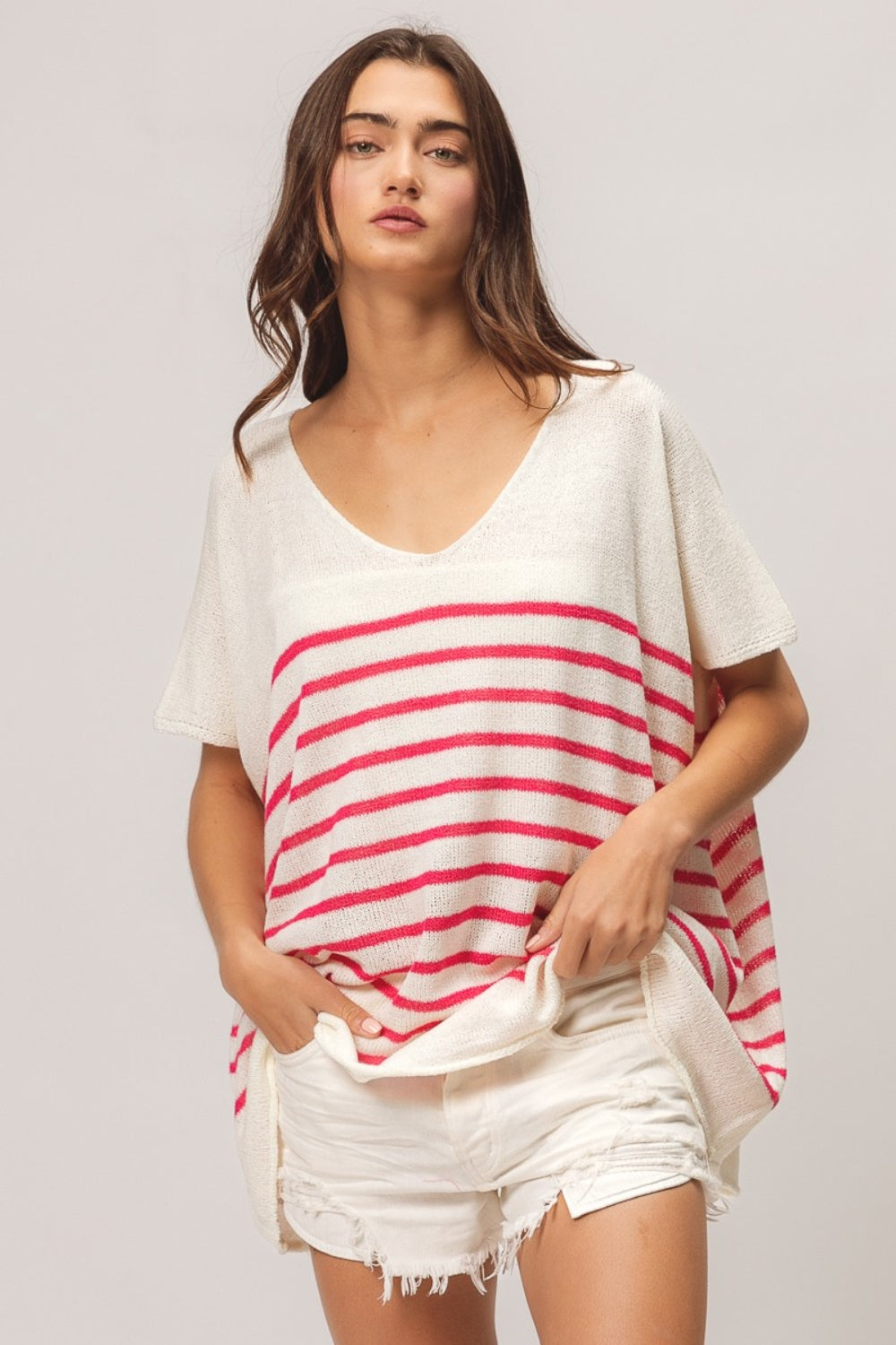 BiBi V Neck Striped Short Sleeve Top - Beach or Everyday - T - 1 COLOR -