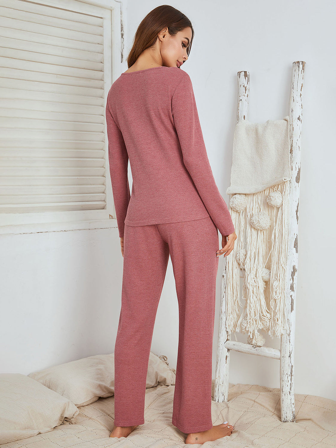 Notched Long Sleeve Top and Pants Set - 2 PCS. - T - 3 COLORS -