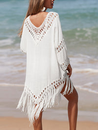 Thumbnail for Cutout Fringe Scoop Neck Cover-Up - 1 SIZE FITS ALL - T - 5 COLORS -