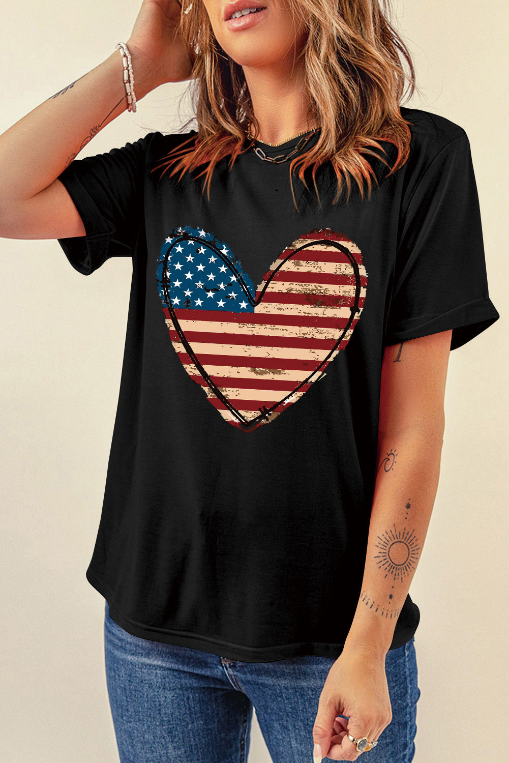 Stars and Stripes Heart Round Neck Short Sleeve T-Shirt - T - 1 COLOR -