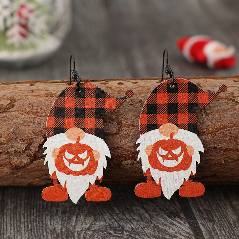 Wooden Gnome Pumpkin Dangle Earrings - T - 1 COLOR -