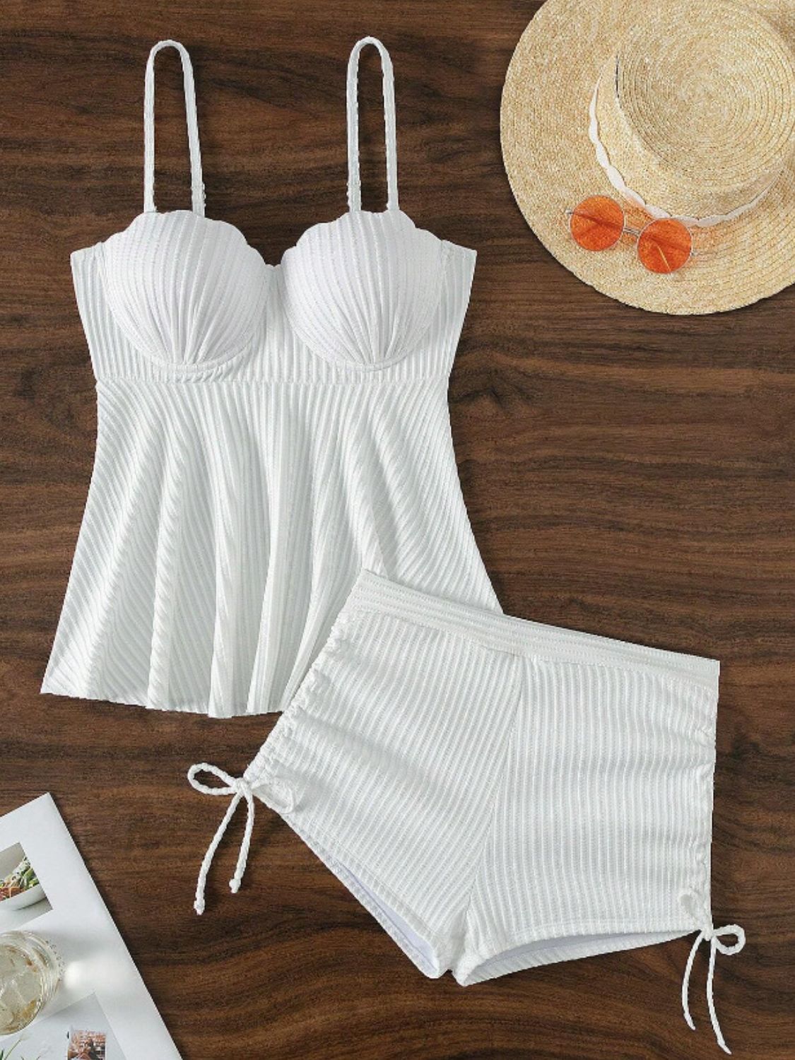 Textured Drawstring Spaghetti Strap Two-Piece Swim Set - T - 8 COLORS -