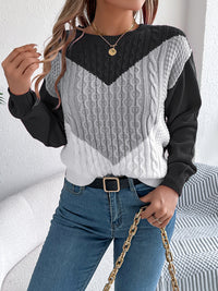 Thumbnail for Contrast Round Neck Long Sleeve Sweater - T - 3 COLORS -