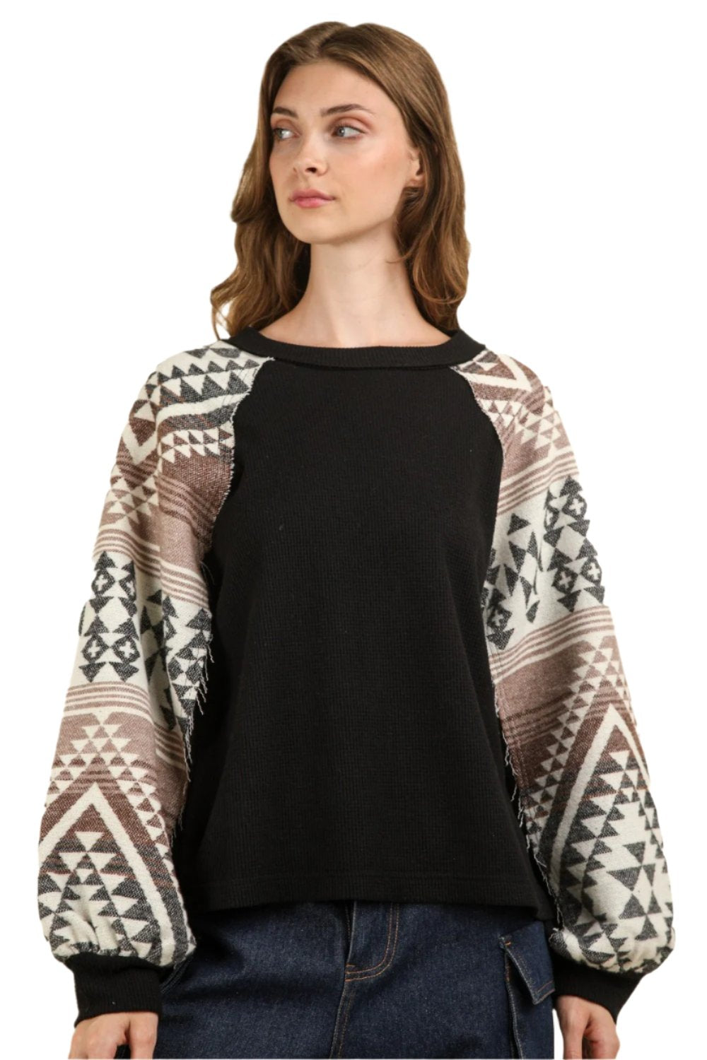 VERY J Printed Long Sleeve Round Neck Knit Top - T - 1 COLOR -