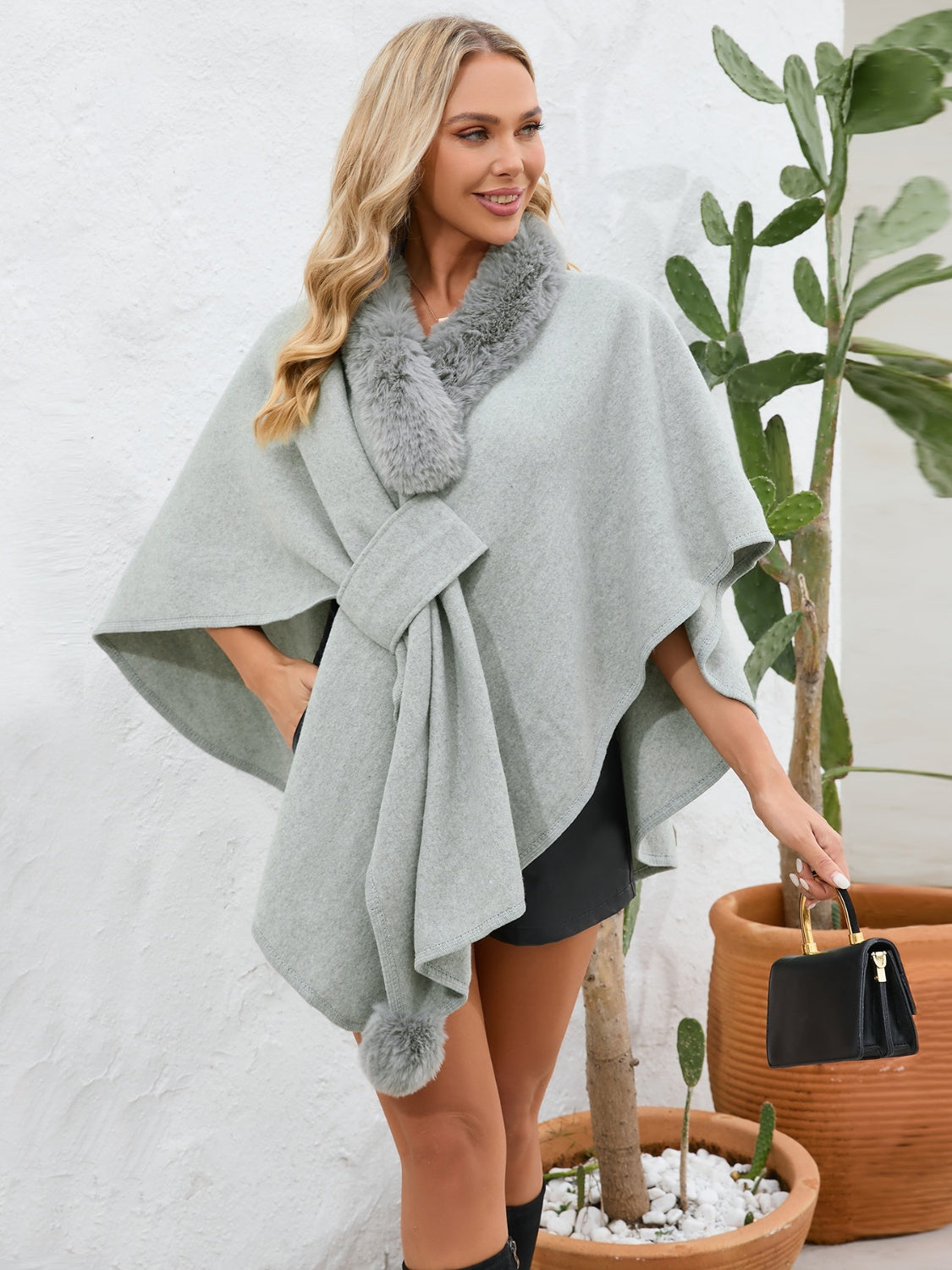 Fuzzy Trim Open Front Poncho - ONE SIZE - T - 6 COLORS -