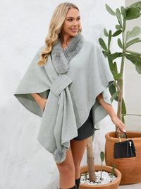 Thumbnail for Fuzzy Trim Open Front Poncho - ONE SIZE - T - 6 COLORS -