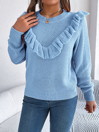 Thumbnail for Ruffled Round Neck Long Sleeve Sweater - T - 1 COLOR -