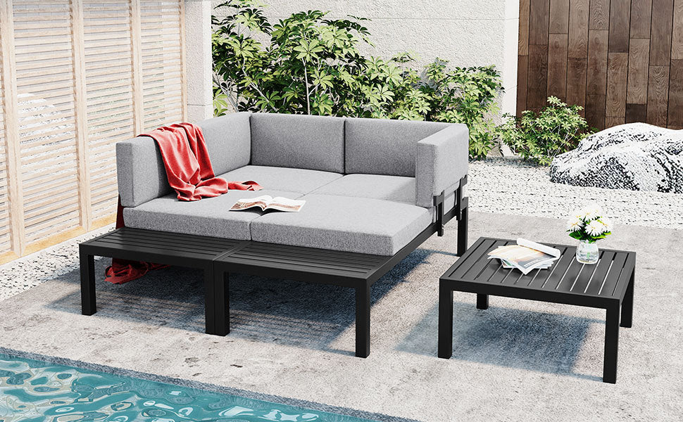 Outdoor 3-Piece Aluminum Alloy Sectional Sofa Set With End Table and Coffee Table,Black Frame+Gray Cushion