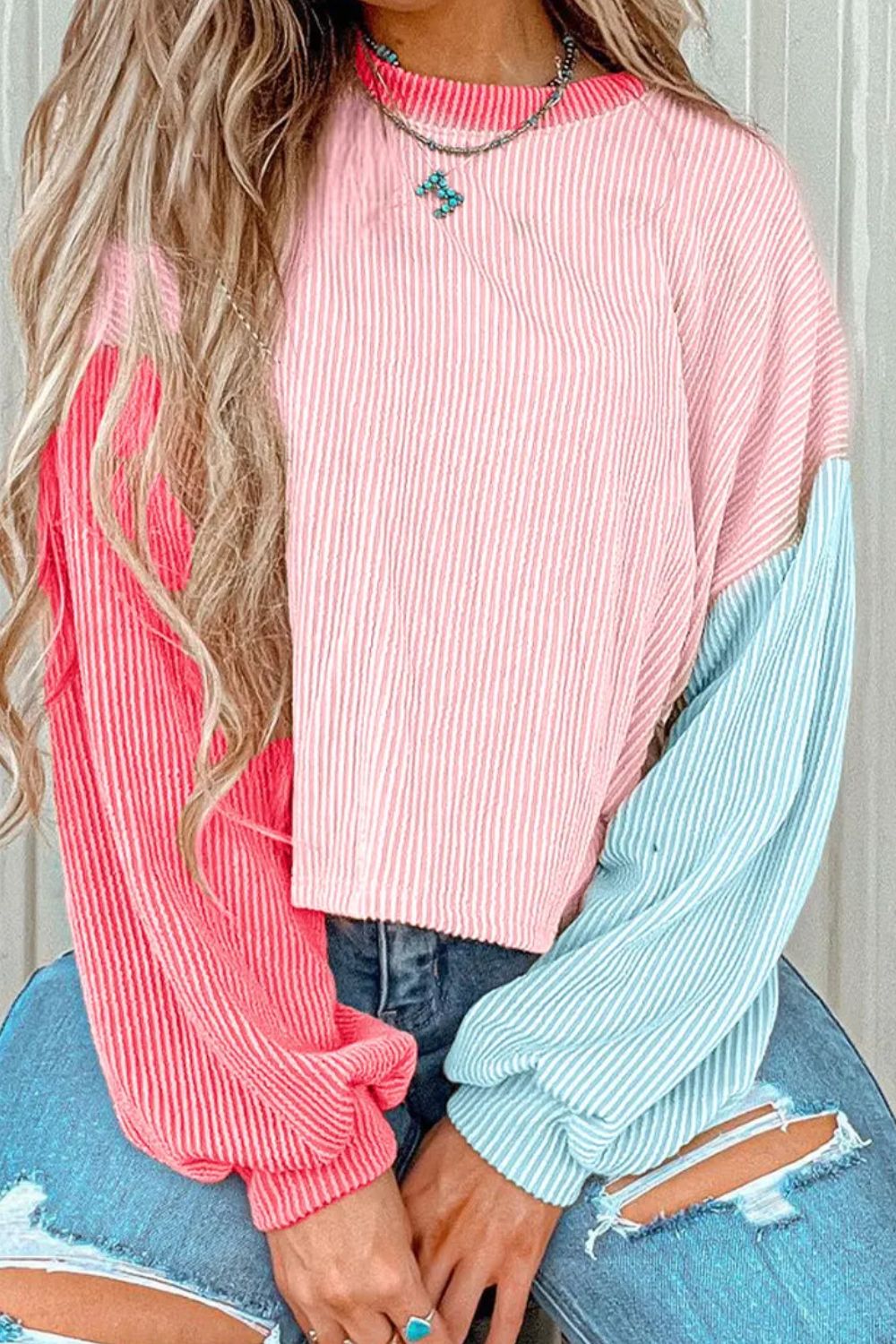 Color Block Round Neck Long Sleeve Top - T - 3 COLORS -