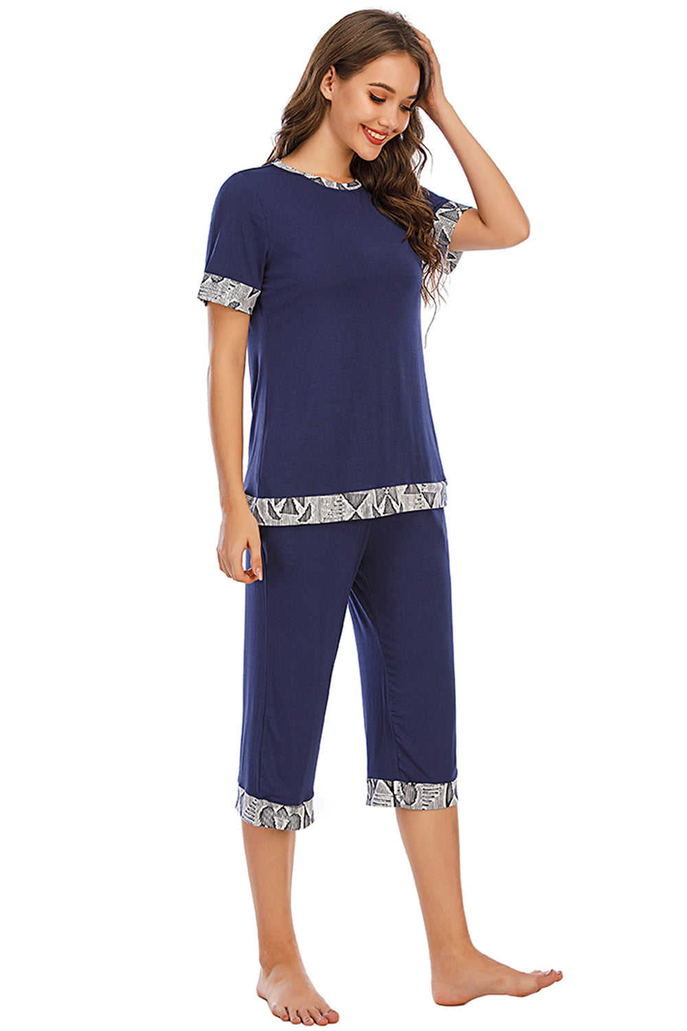 Round Neck Short Sleeve Top and Capris Pants Lounge Set - 2 PCS. - T - 3 COLORS -