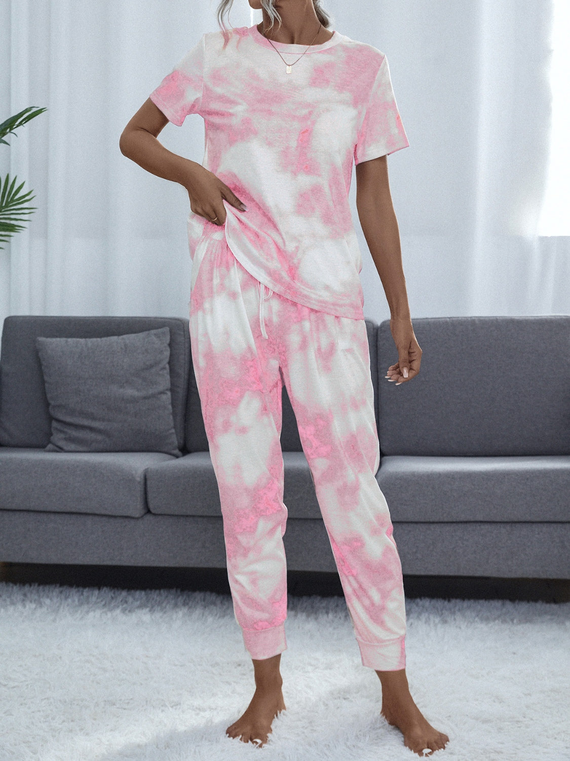 Tie-Dye Round Neck Short Sleeve Top and Pants set - 2 PCS. - T - 1 COLOR -