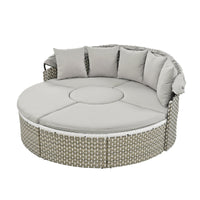 Thumbnail for Patio Furniture Round Outdoor Sectional Sofa Set Rattan Daybed Two-Tone Weave Sunbed With Retractable Canopy, Separate S