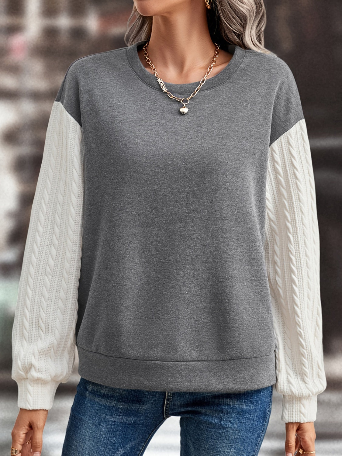 Contrast Round Neck Long Sleeve Sweatshirt - T - 1 COLOR -