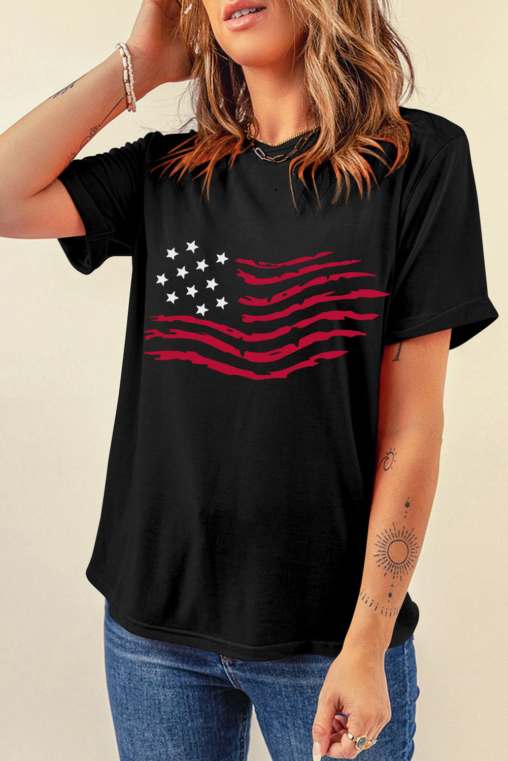 US Flag Round Neck Short Sleeve T-Shirt - T - 1 COLOR -