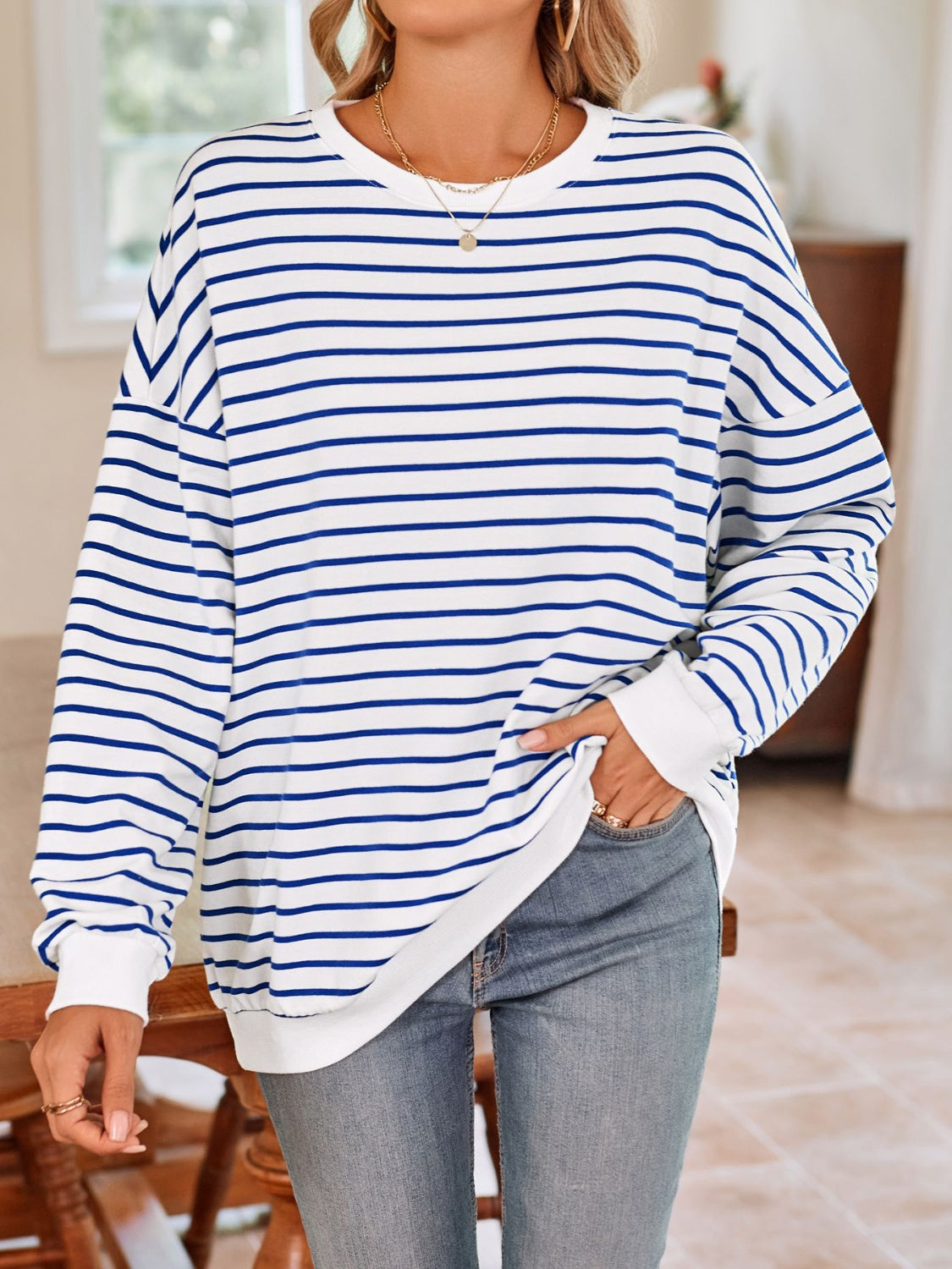 Striped Round Neck Long Sleeve Sweatshirt - T - 6 COLORS -