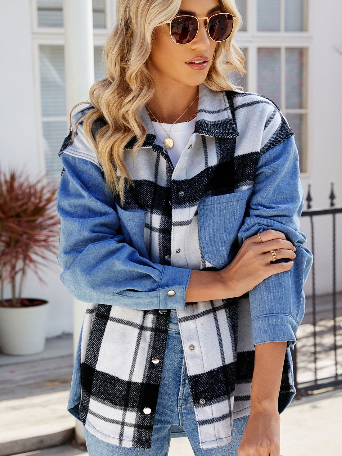 Pocketed Plaid Snap Down Denim Jacket - T - 1 COLOR -