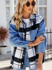 Thumbnail for Pocketed Plaid Snap Down Denim Jacket - T - 1 COLOR -