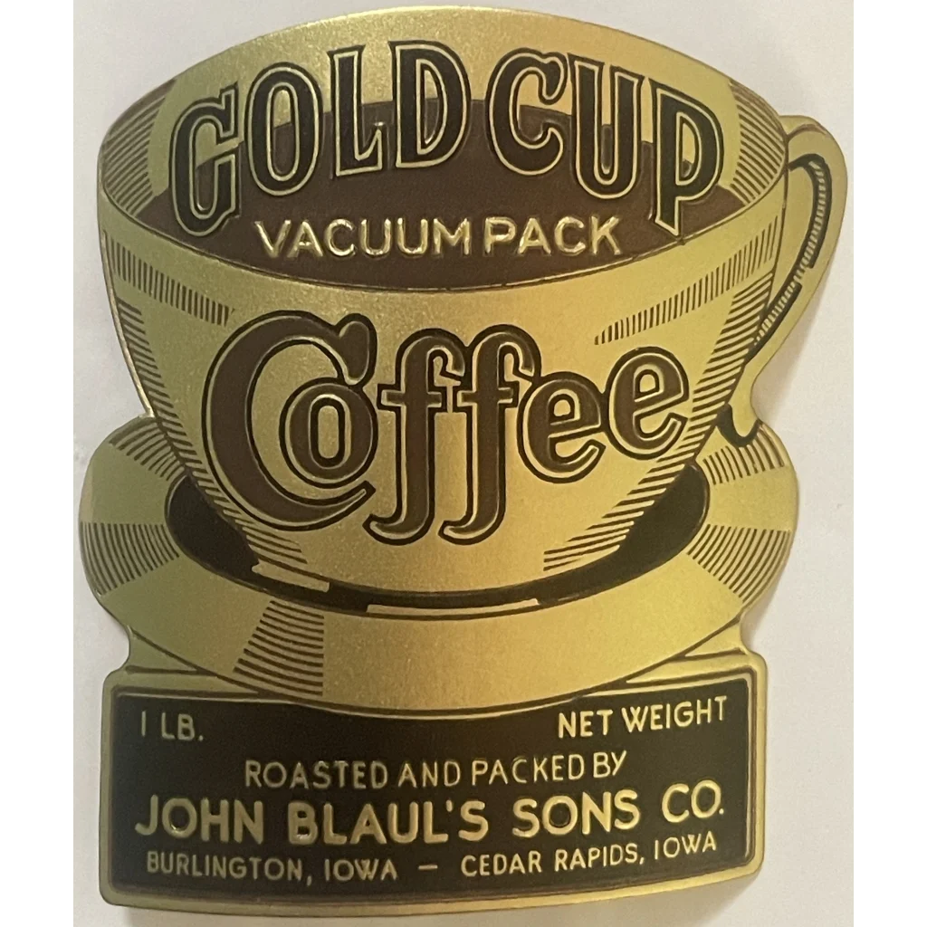 Antique 1910s ☕ Gold Cup Embossed Coffee Label, Burlington, Cedar Rapids, IA 👑