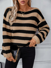 Thumbnail for Striped Dropped Shoulder Long Sleeve Sweater - T - 2 COLORS -