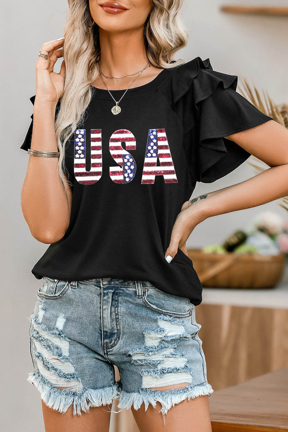 USA Round Neck Flounce Sleeve Top - T - 1 COLOR -