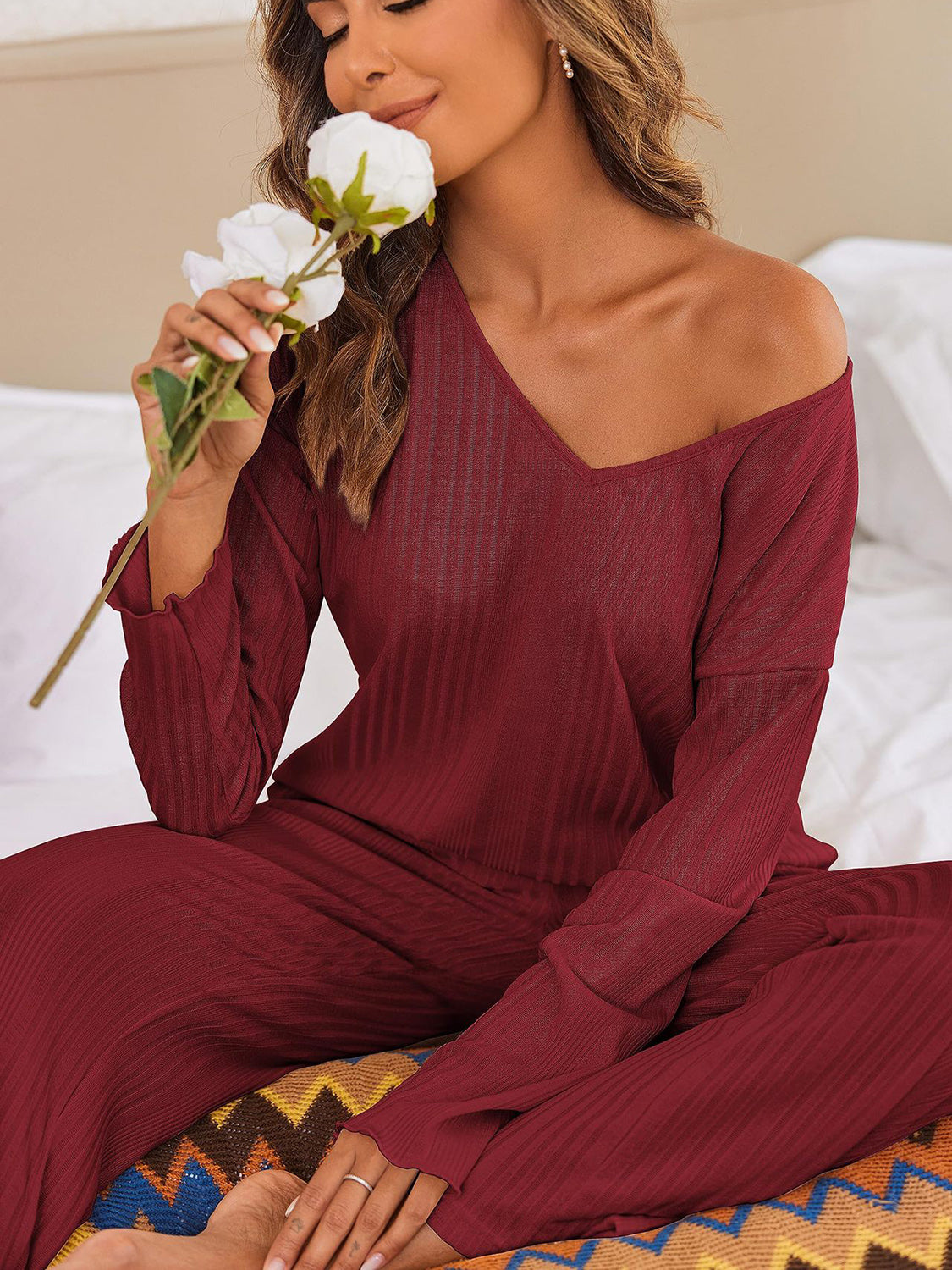 V-Neck Long Sleeve Top and Pants Set - 2 PCS. - T - 7 COLORS -