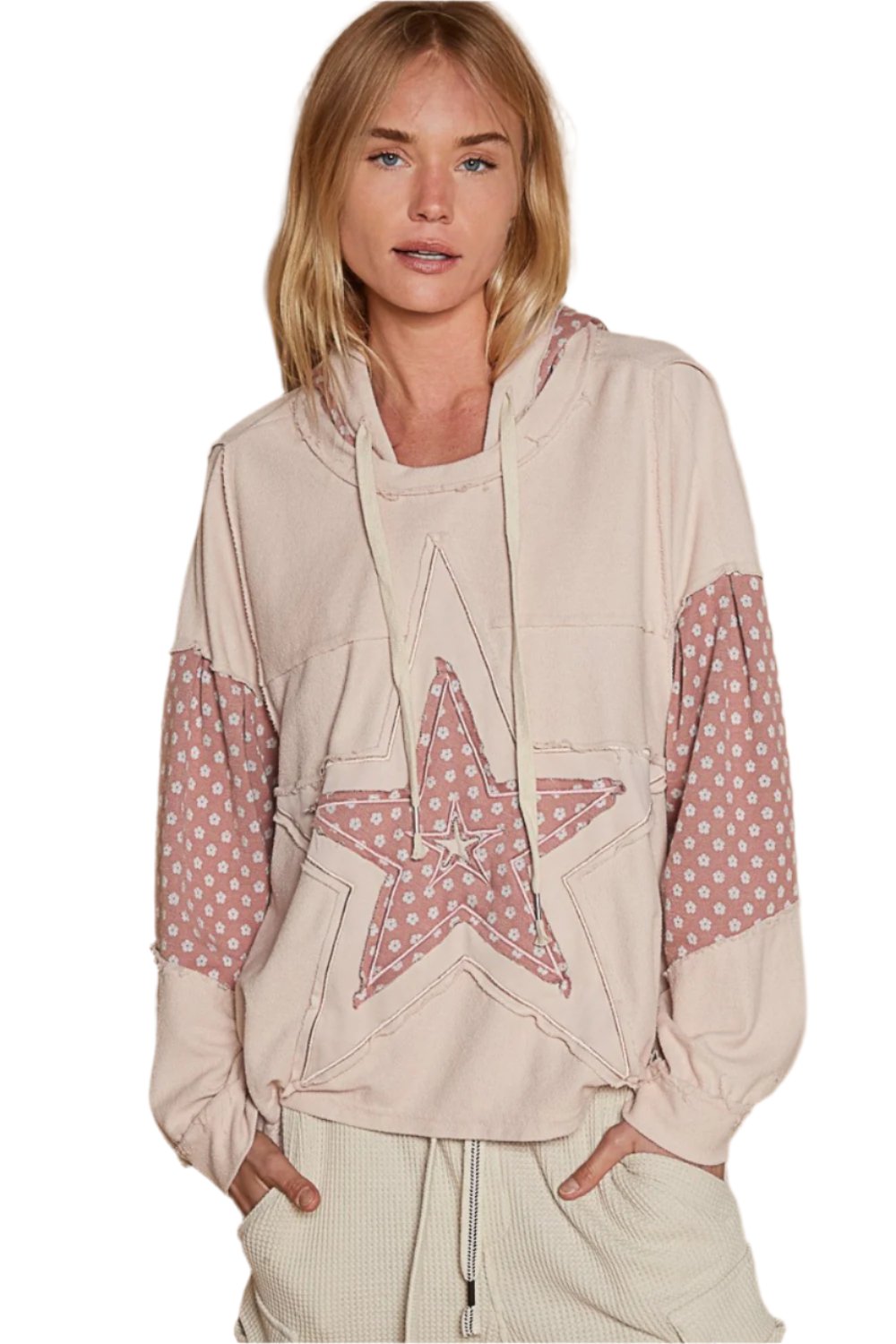 POL Star Patchwork Raw Edge French Terry Hoodie - T - 1 COLOR -