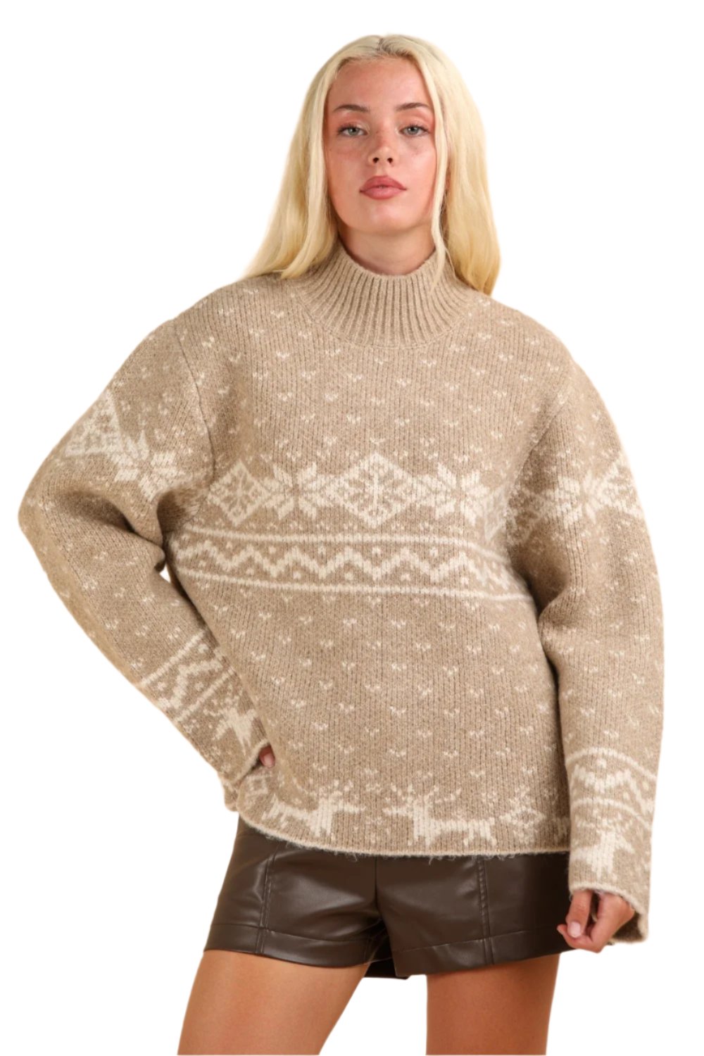 VERY J Christmas Element Mock Neck Long Sleeve Sweater - T - 1 COLOR -