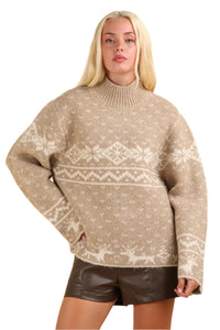 Thumbnail for VERY J Christmas Element Mock Neck Long Sleeve Sweater - T - 1 COLOR -